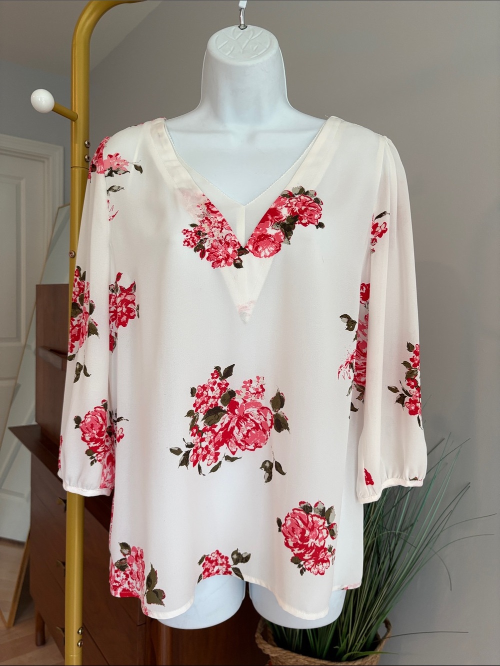 Skies Are Blue Cream Blouse with Pink Floral Print
